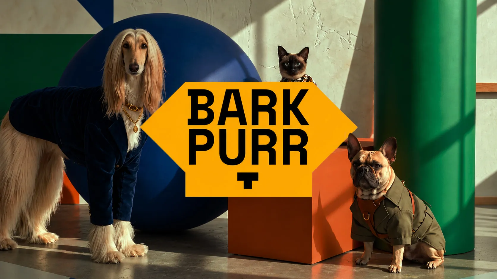 Bark & Purr logo on a yellow badge between an Afghan hound in a navy velvet blazer, a Siamese cat and a French bulldog in a khaki jacket