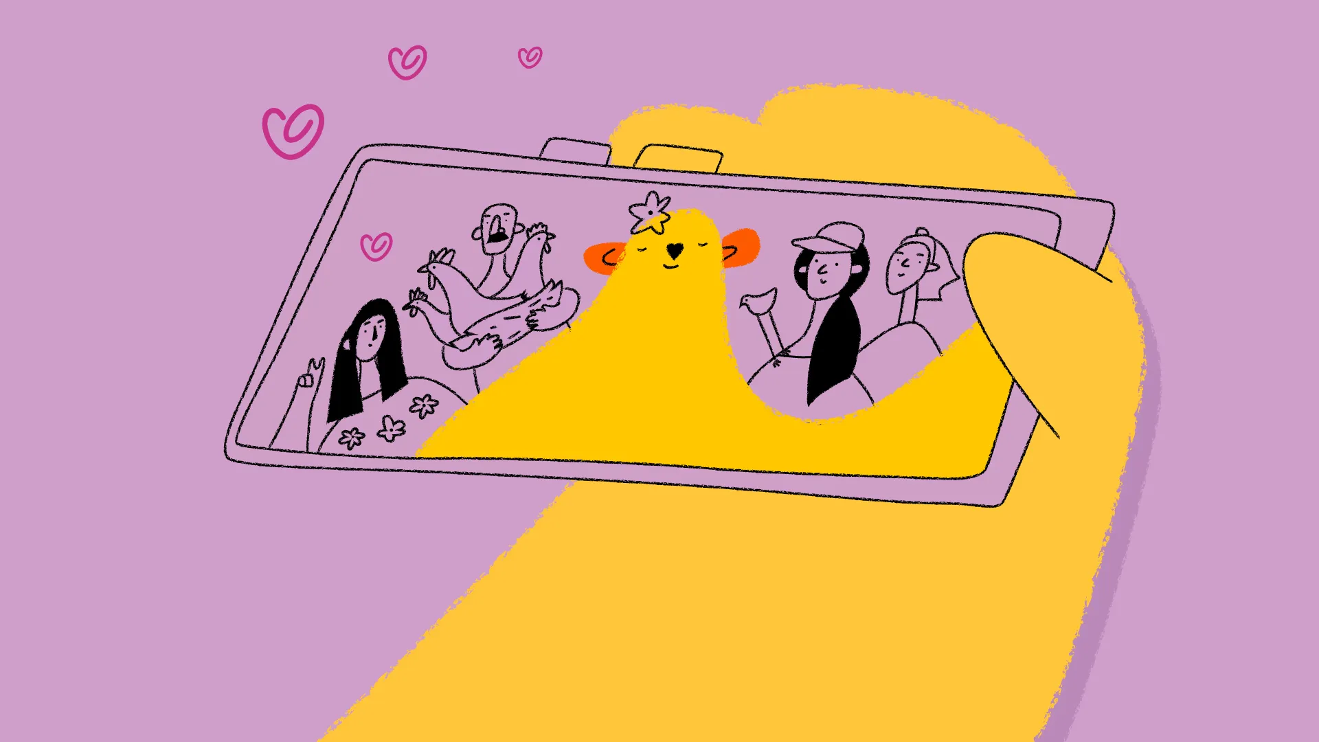 Dobro, the big yellow Generous Tuesday character, takes a selfie with smiling people, chickens and a dove in a hand-drawn illustration from the animated social video ad