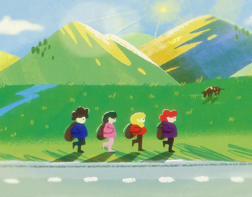 Four girls with backpacks hike past green Carpathian mountains, a stream and a grazing cow on a sunny summer day, a frame from the One Day hand-drawn animation