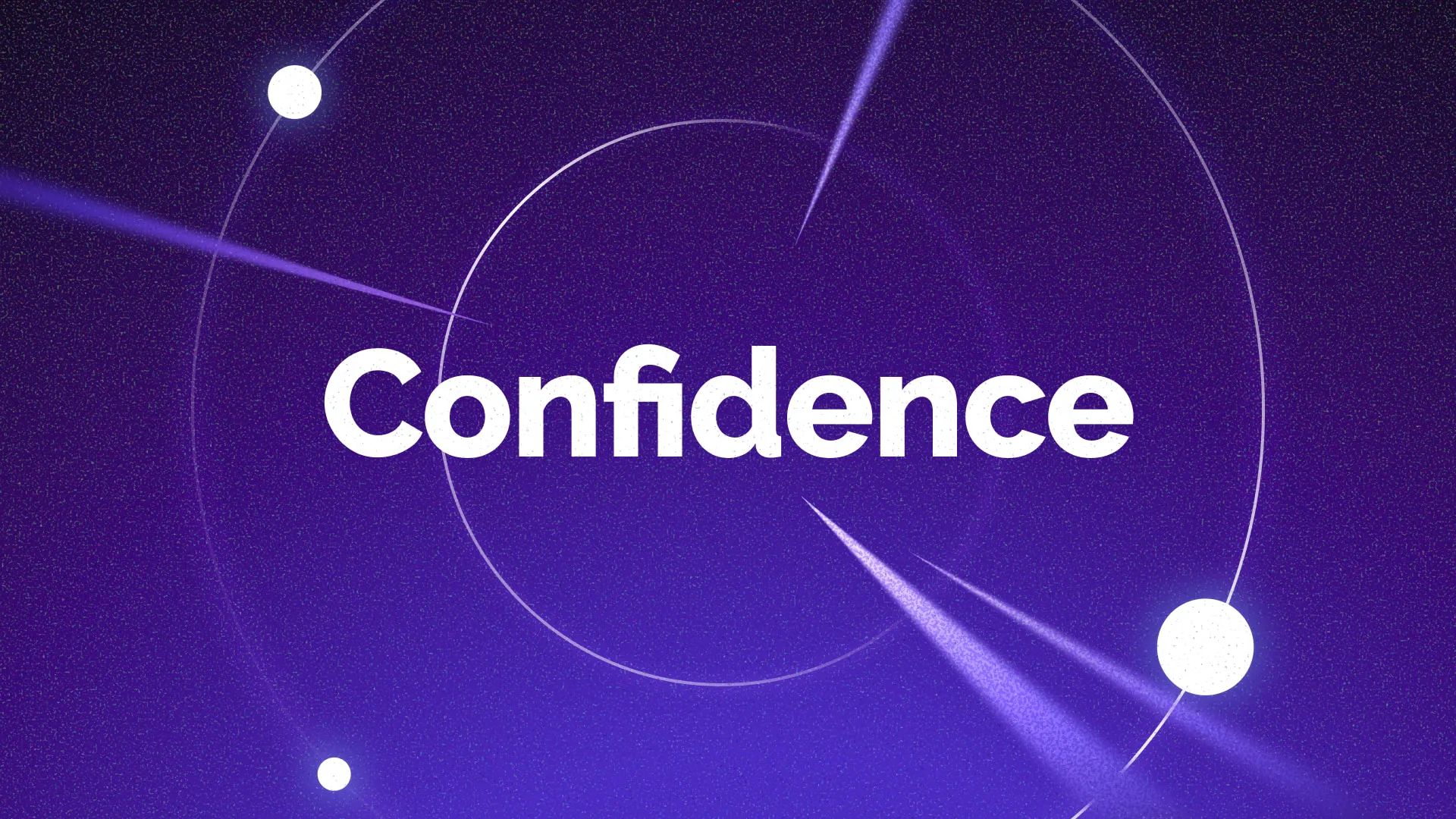 The word “Confidence” in bold white type inside glowing orbital rings, with white spheres and violet light trails on a deep purple background, a frame from the Orvix cybersecurity explainer animation