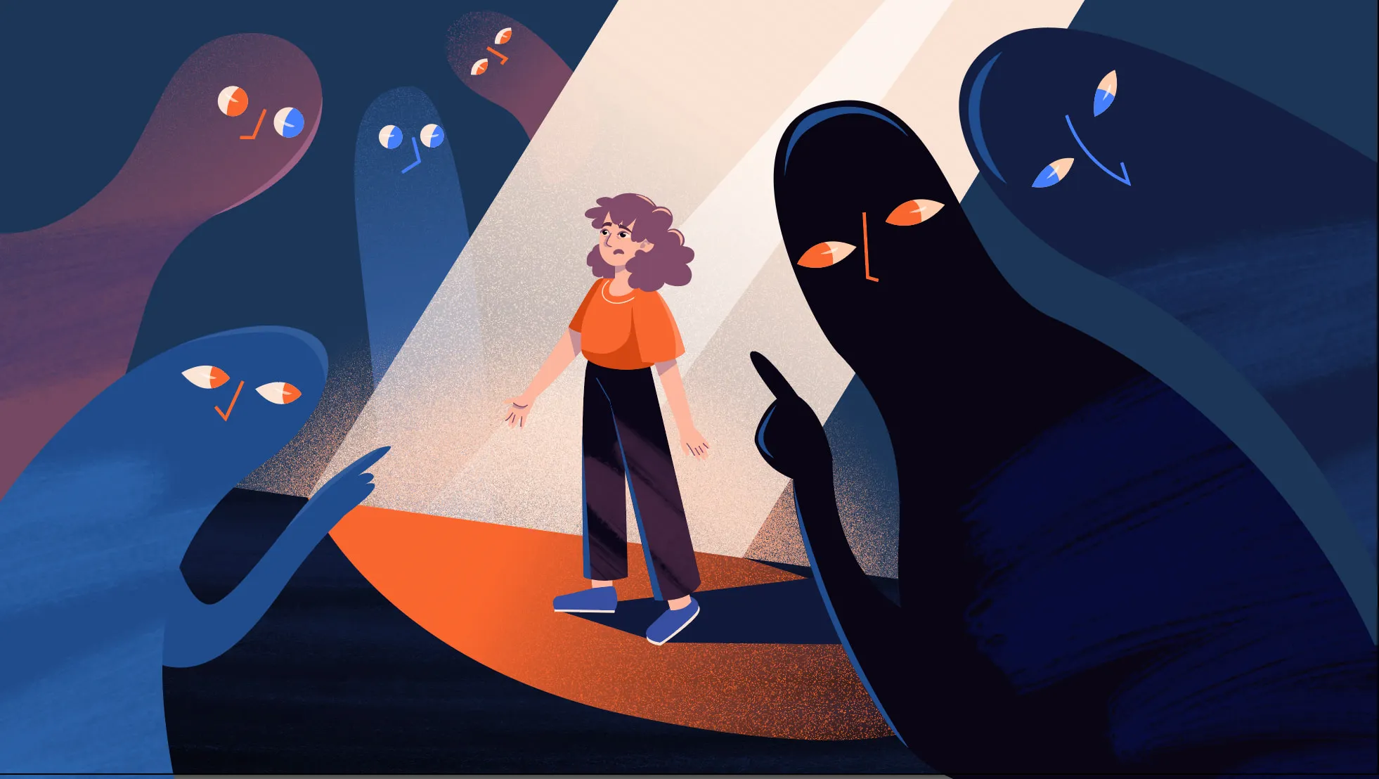 A frightened girl in an orange T-shirt stands in a spotlight while shadowy blue and black figures point at her, an illustrated frame from the Rozirvy Kolo animated promo video about domestic violence
