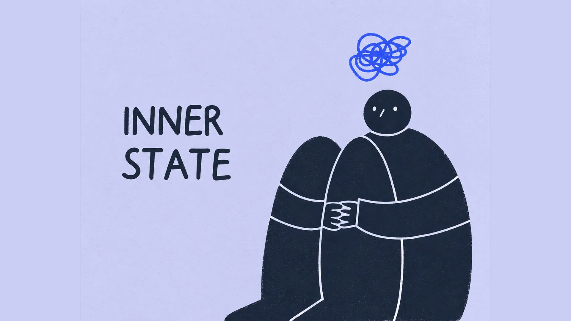Inner State, the ageless and genderless character of the Survivors Aid Platform explainer video, sits hugging its knees under a tangled blue scribble of anxious thoughts, next to the hand-lettered title Inner State