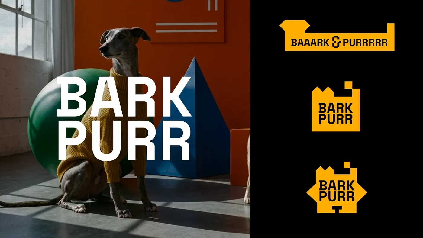 Bark & Purr wordmark over a whippet in a mustard sweater, next to three yellow logo variants on black