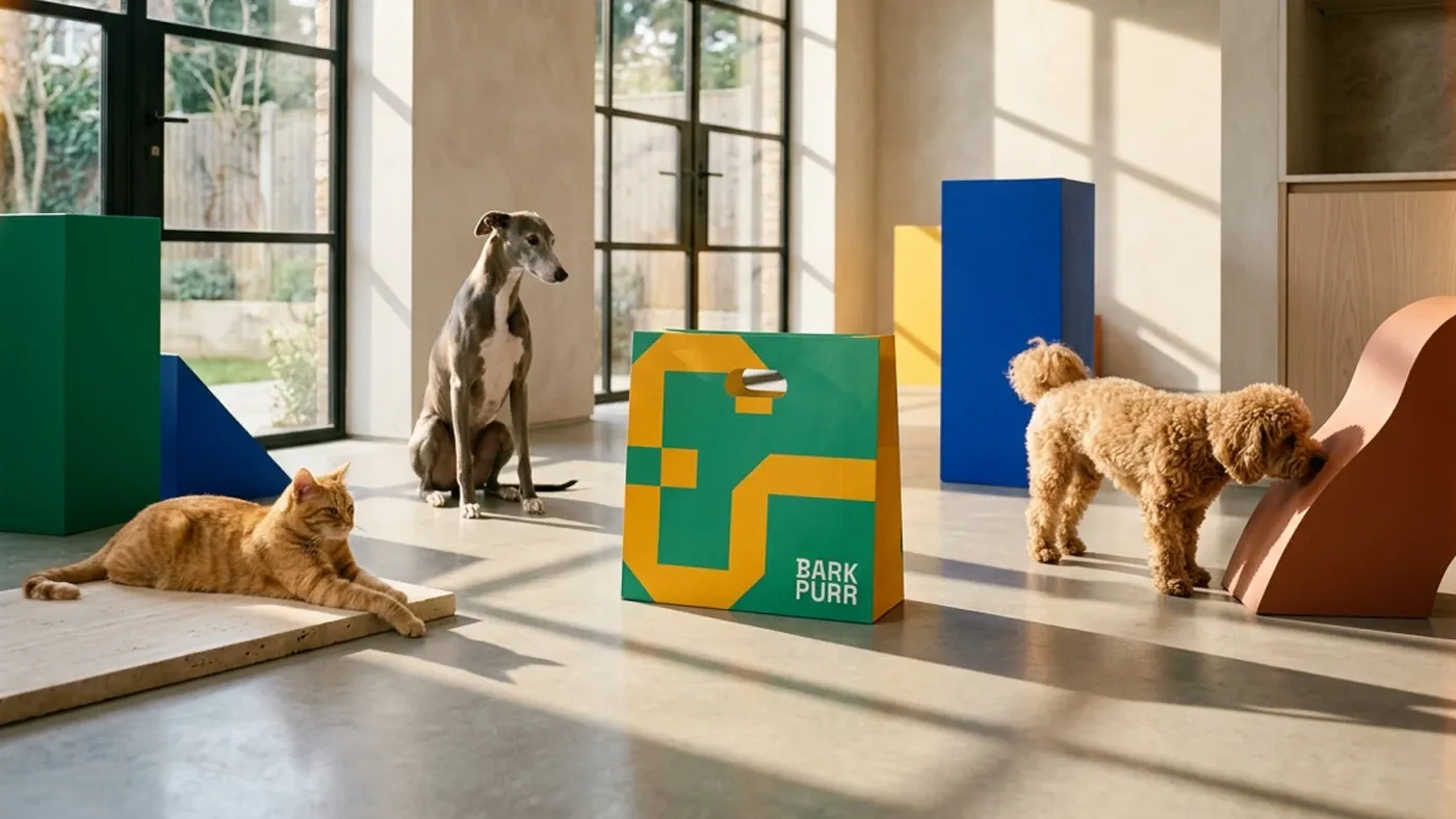Green and yellow Bark & Purr shopping bag in a sunlit store with a ginger cat, a whippet and a poodle