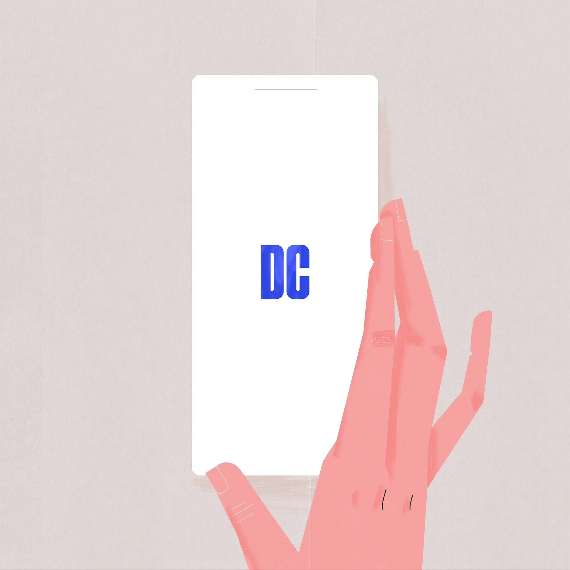 Illustrated hand holding a phone with the blue DC logo of the Datacheck app on a pale pink background