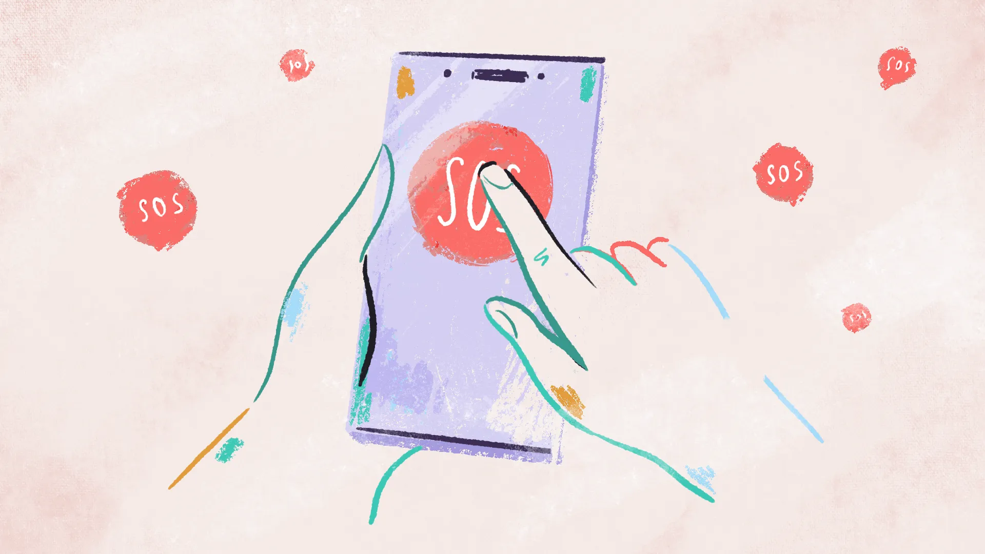 Hand-drawn illustration of a finger pressing a red SOS button on a lilac smartphone, surrounded by floating SOS bubbles