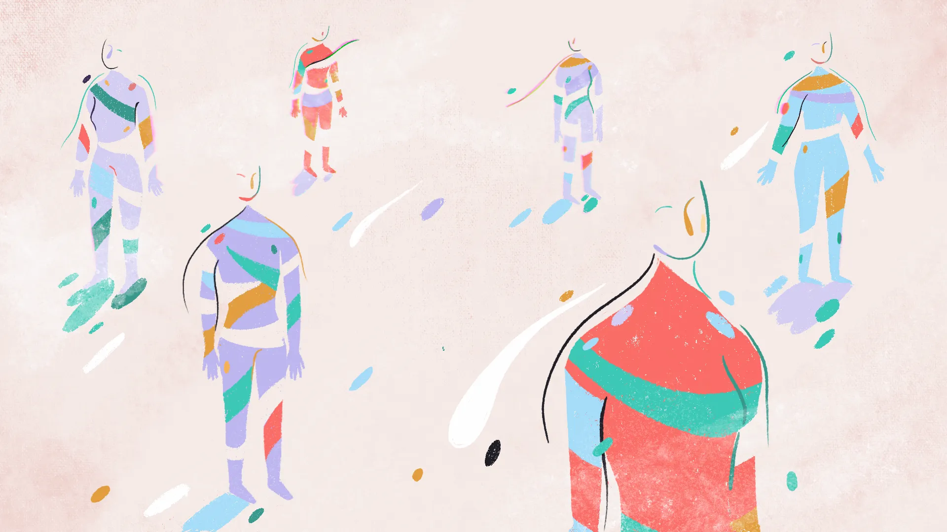Pastel illustrated figures of women standing apart on a pale pink background, from the Kryla domestic violence awareness video