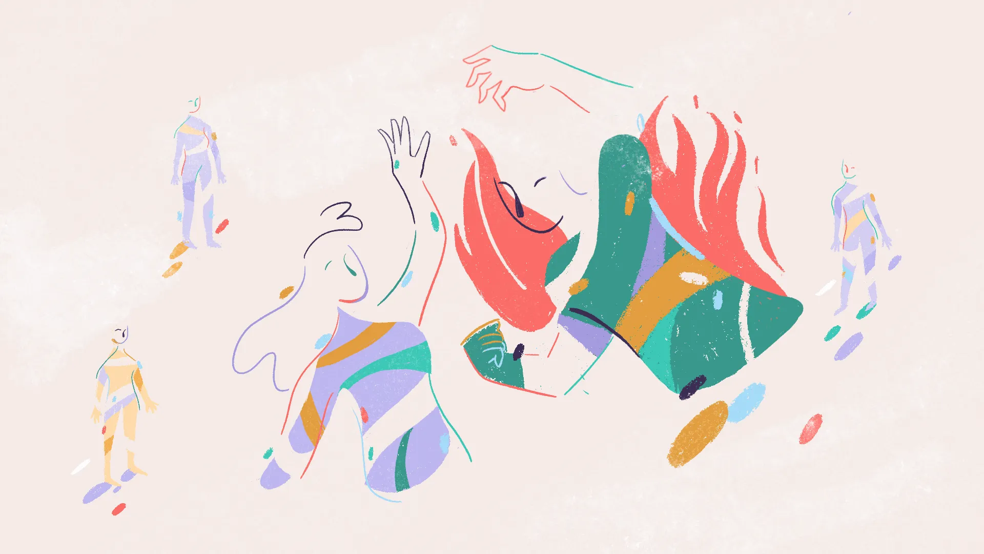 Illustration of a hand reaching down toward a red-haired woman in green as she turns away, among pastel figures