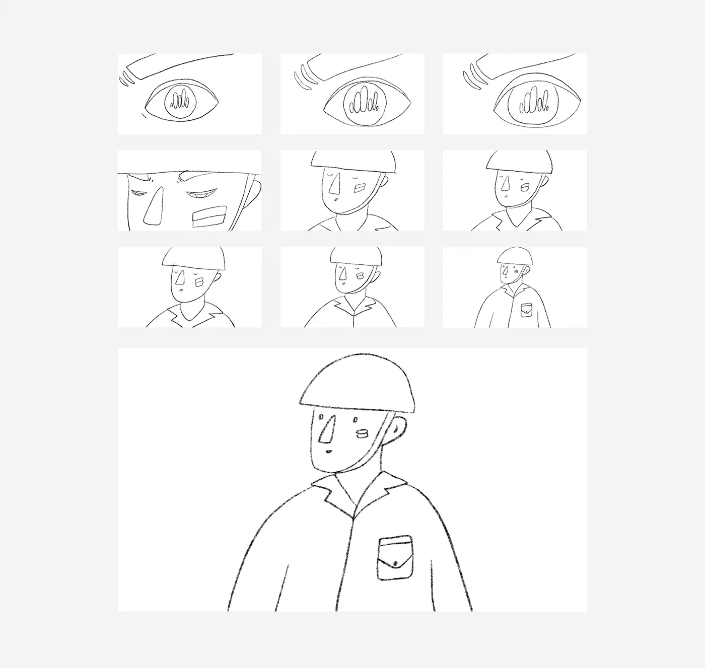 Pencil storyboard for the Nebesna Sotnia animation: a close-up of an eye reflecting fire pulls back to a young protester in a helmet