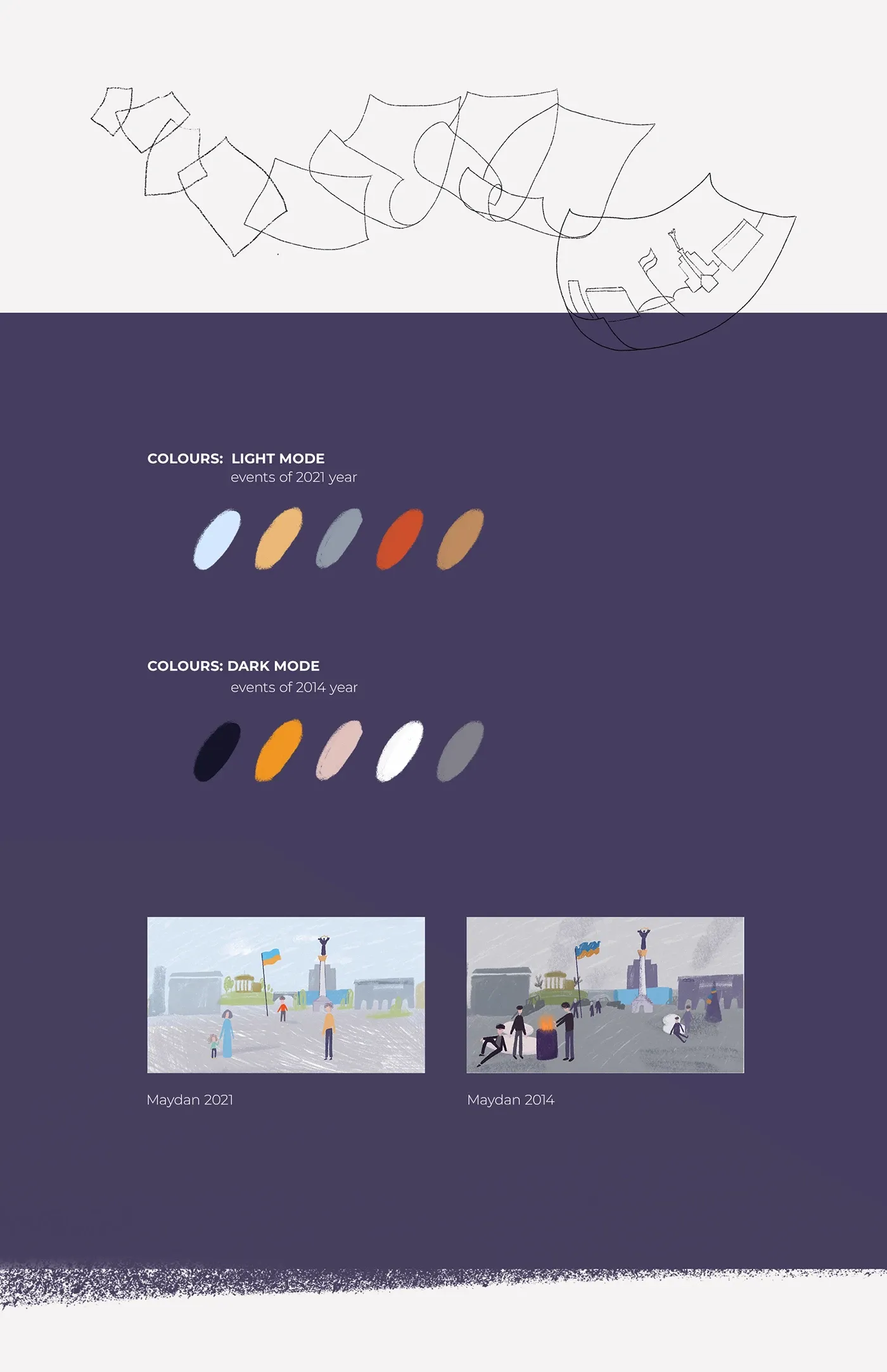 Colour script for the Revolution of Dignity animation: palettes for 2021 and 2014, and Maydan in Kyiv shown peaceful in 2021 and with barricade fires in 2014