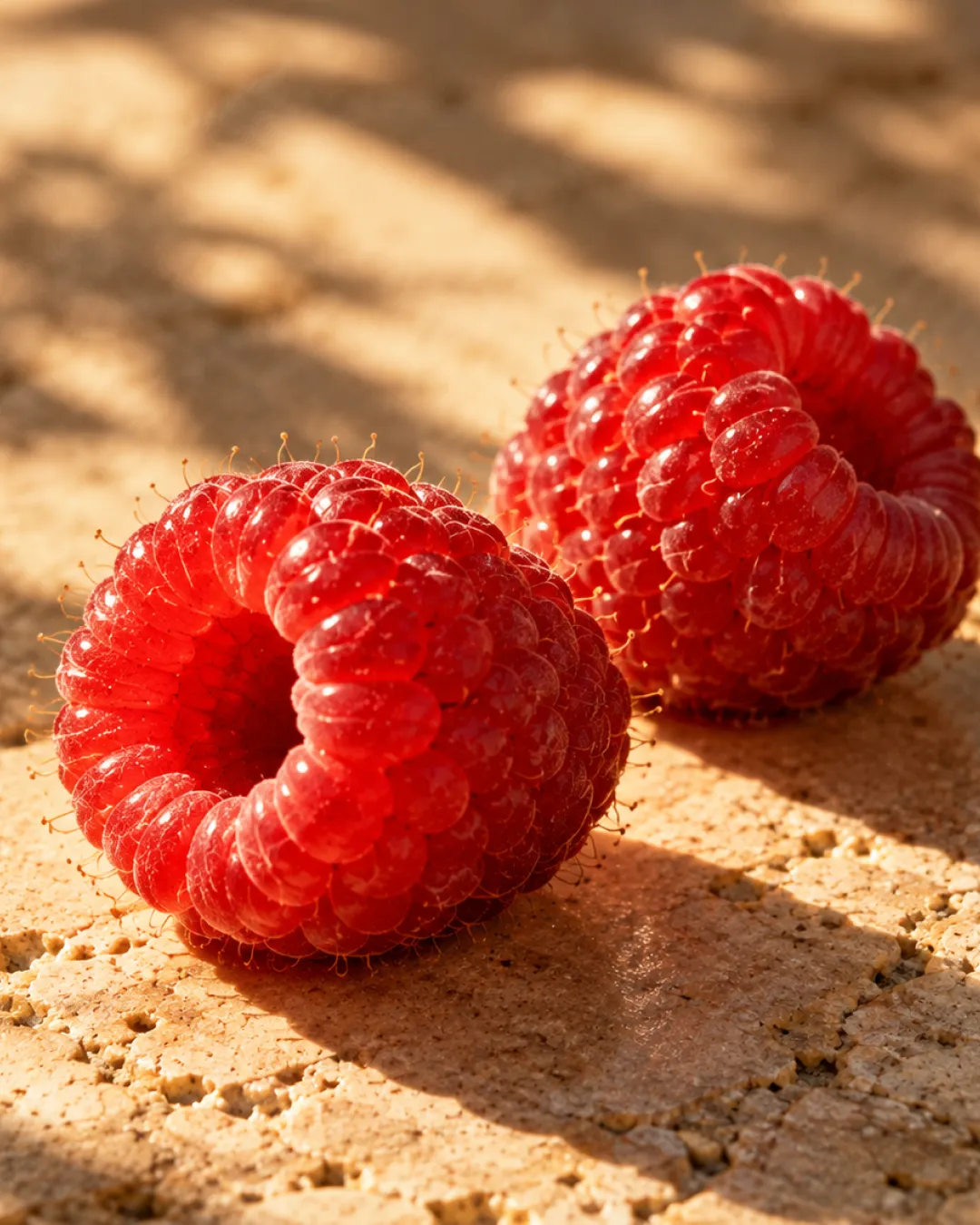 Two ripe wild raspberries glowing in warm sunlight on a sandstone surface