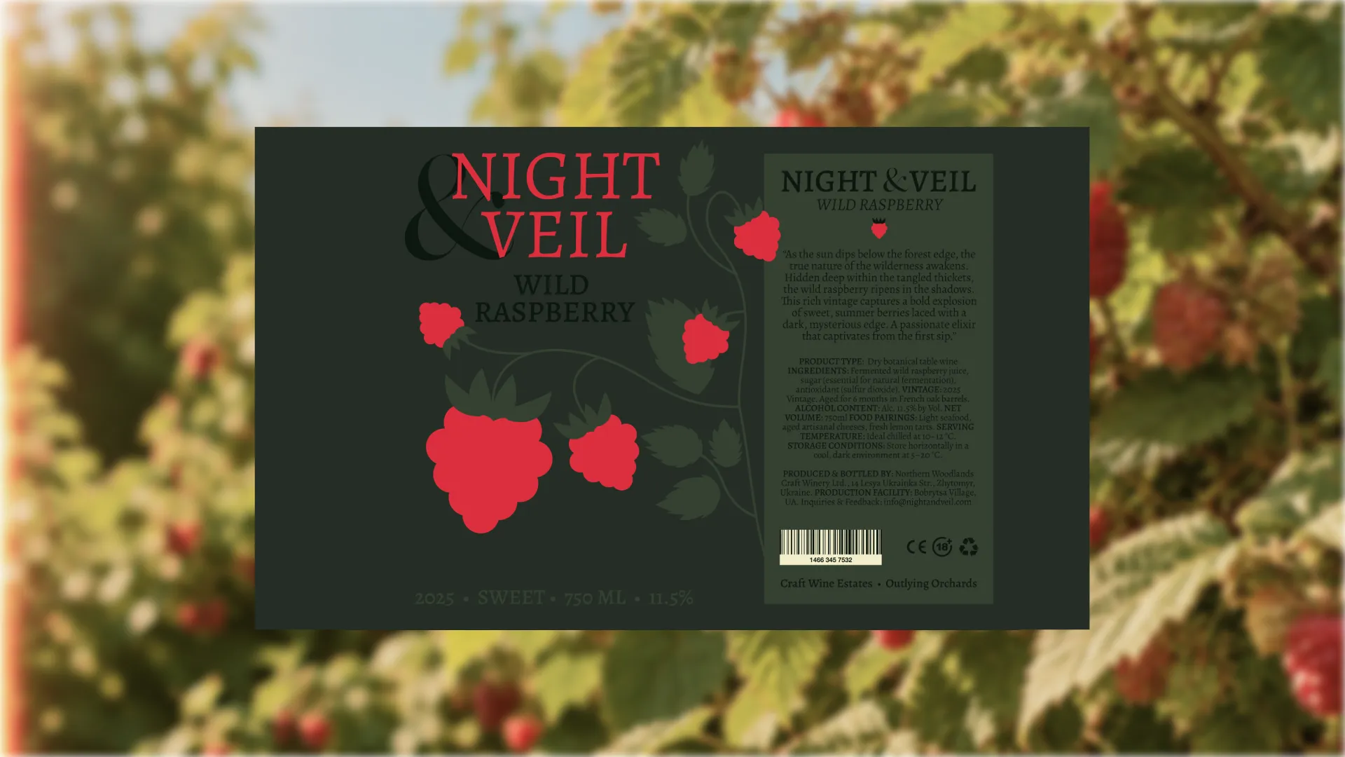 Night & Veil Wild Raspberry wine label design with red raspberry illustrations and back label text over a blurred raspberry bush