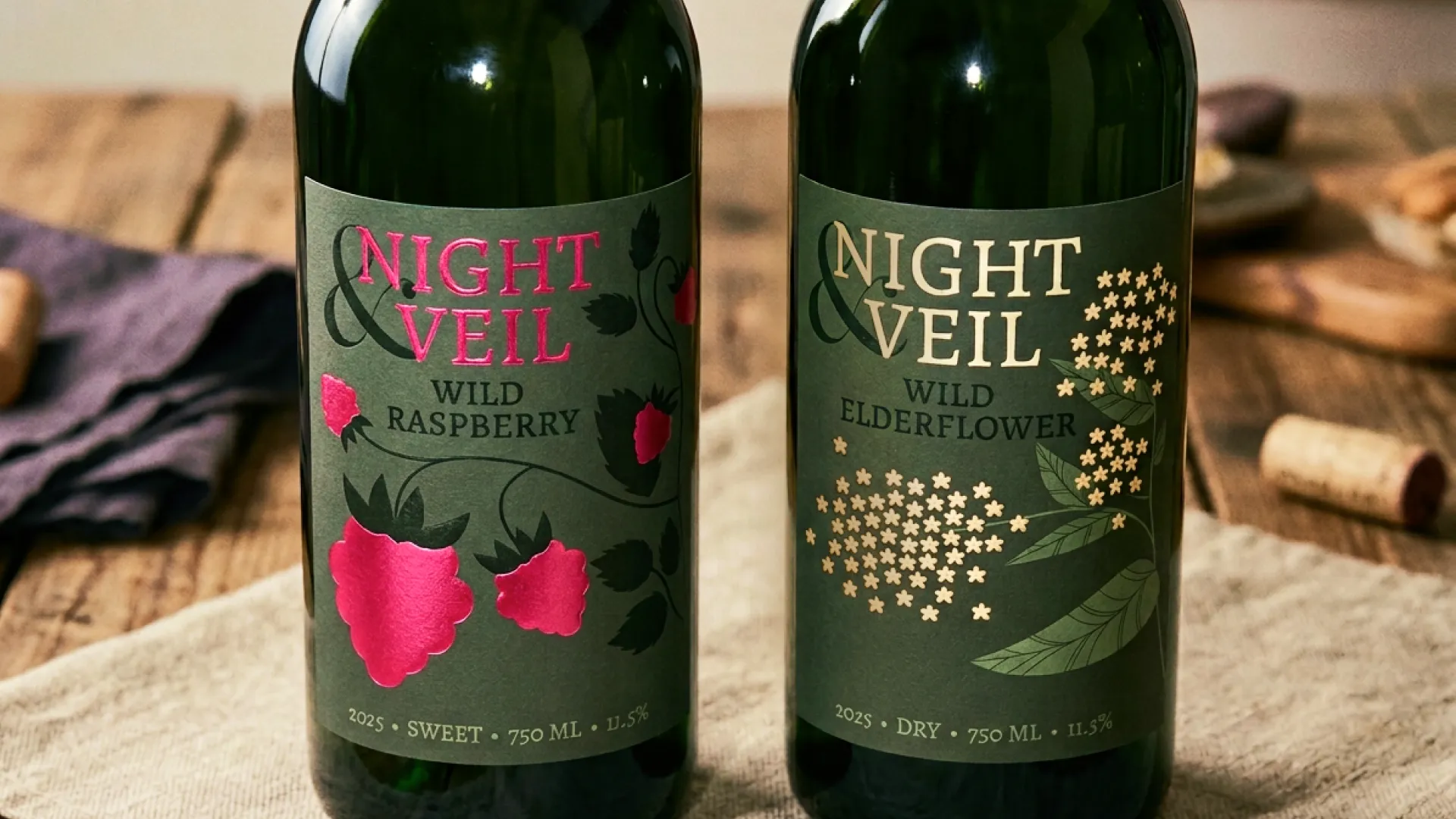Night & Veil Wild Raspberry and Wild Elderflower wine bottles with pink and gold foil botanical labels on a rustic wooden table