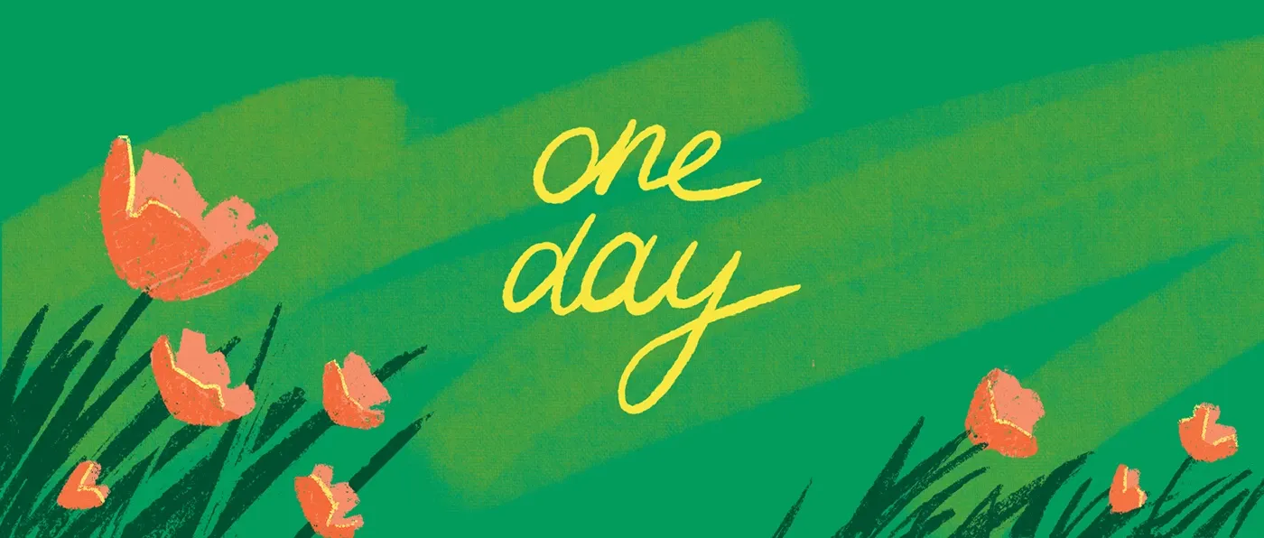 One Day title card: handwritten yellow lettering over textured green grass and orange poppies, from a frame-by-frame animation about the Carpathians