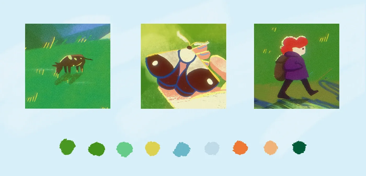 Style frames from the One Day frame-by-frame animation: a cow grazing on a mountain meadow, a moth resting on a hand and a red-haired girl hiking with a backpack, above the film's green, yellow, blue and orange colour palette