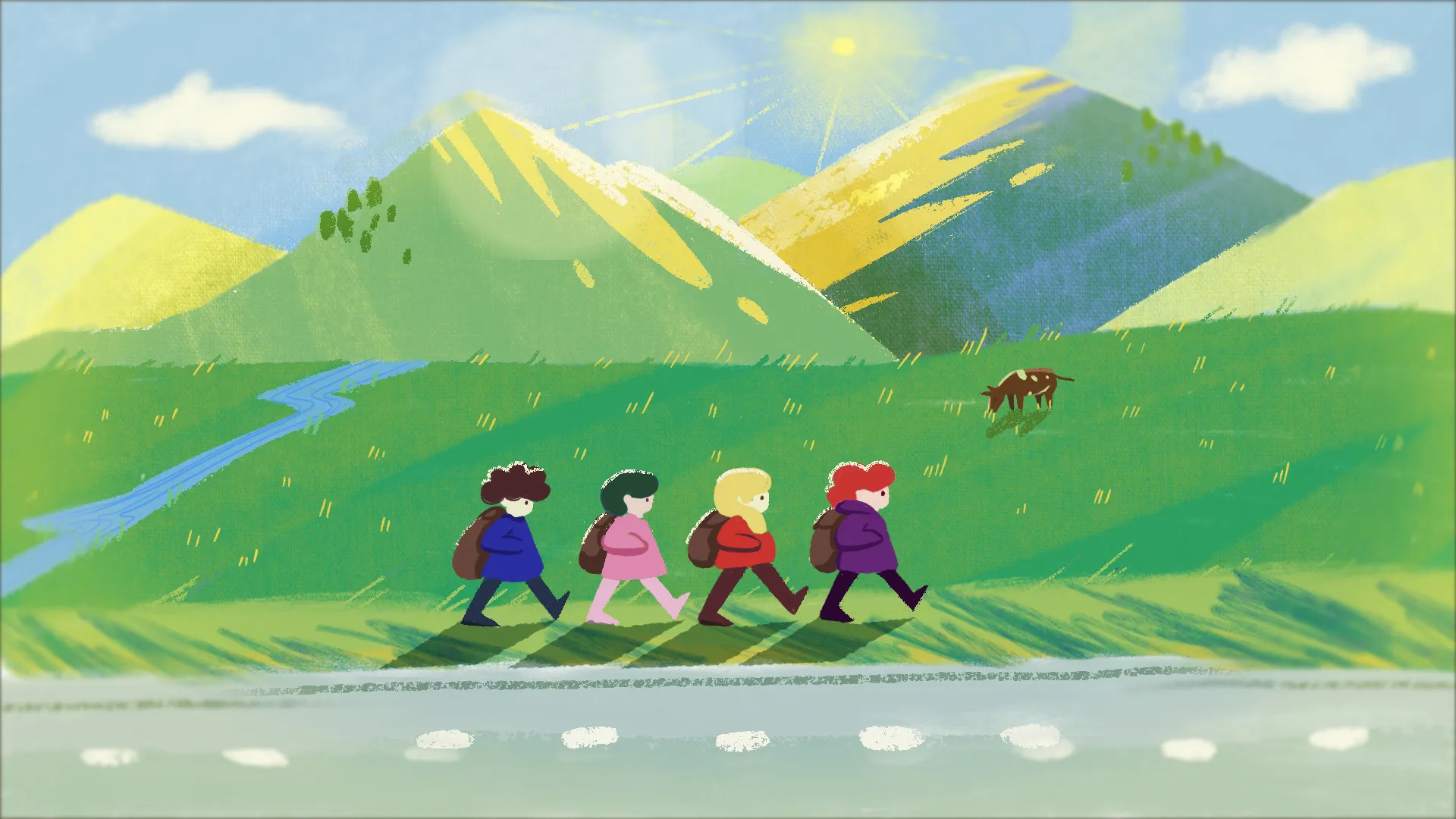Four girls in blue, pink, red and purple coats hike in single file with backpacks past sunlit green Carpathian mountains, a winding stream and a grazing cow, from the One Day animation