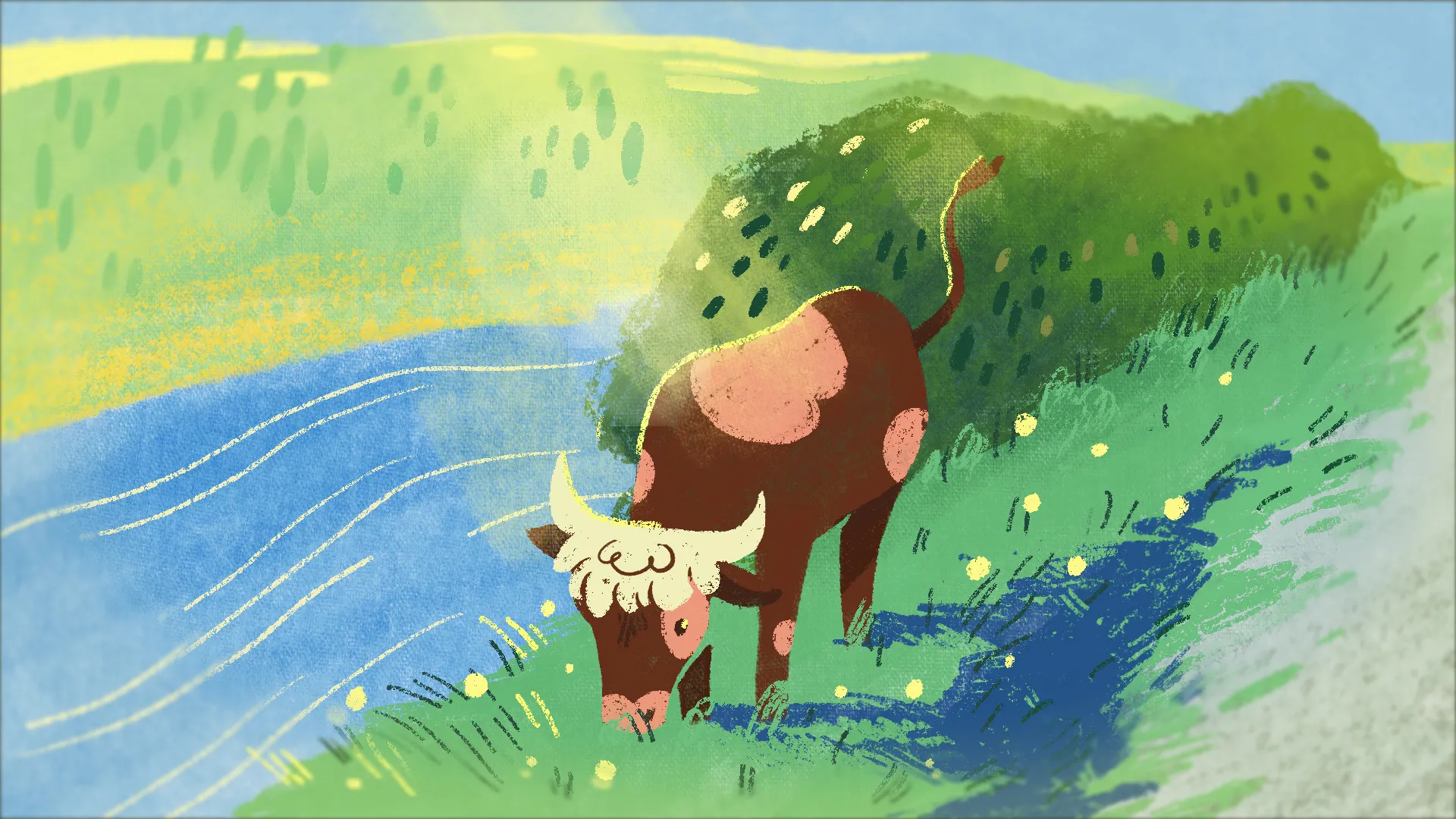 A brown and pink spotted cow with curly white bangs grazes on a grassy riverbank in the Carpathians, a hand-drawn textured frame from the One Day animation