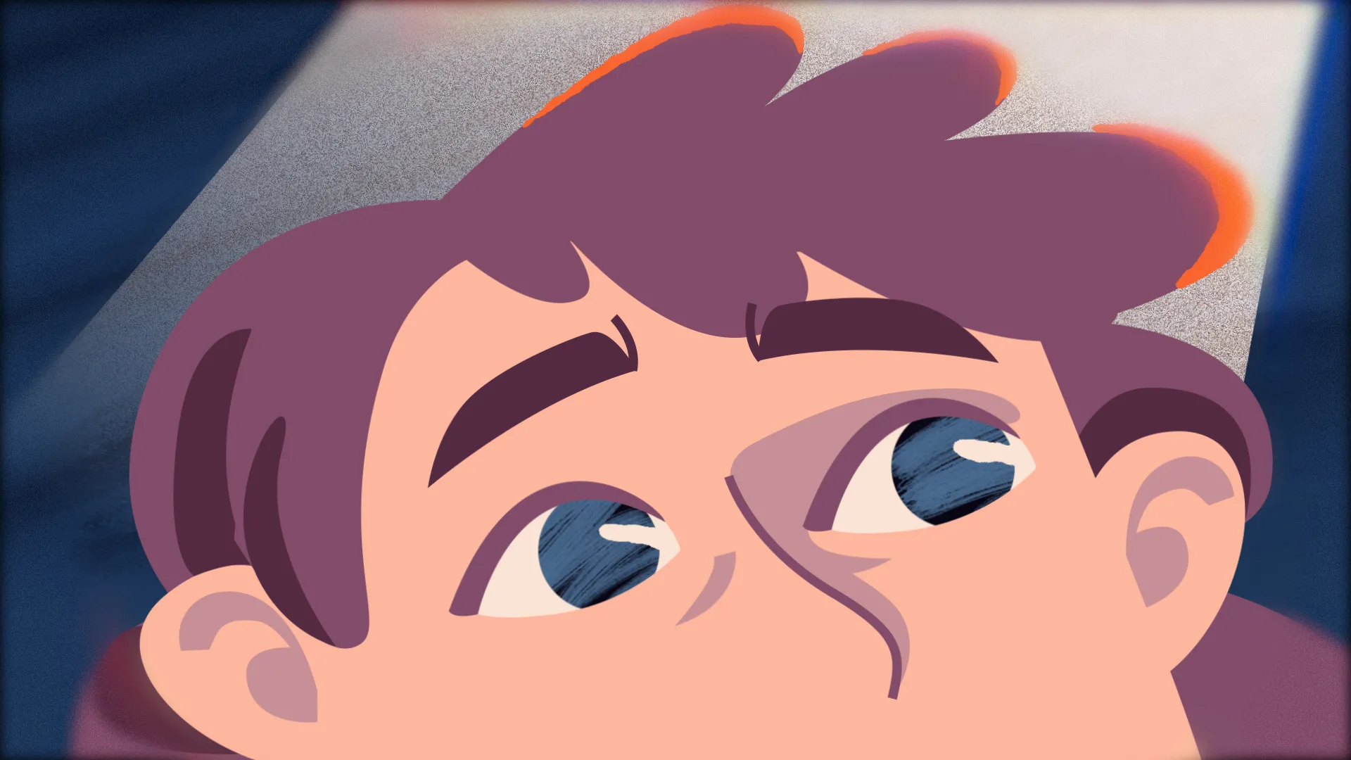 Close-up of a girl with curly purple hair and blue eyes glancing up anxiously, a frame from the Rozirvy Kolo 2D animation