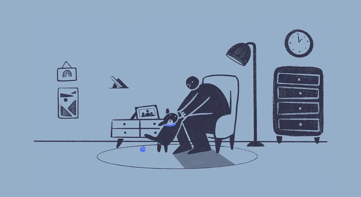 Frame-by-frame illustration of Inner State at home in an armchair, playing with a dog in a blue collar beside a framed family photo