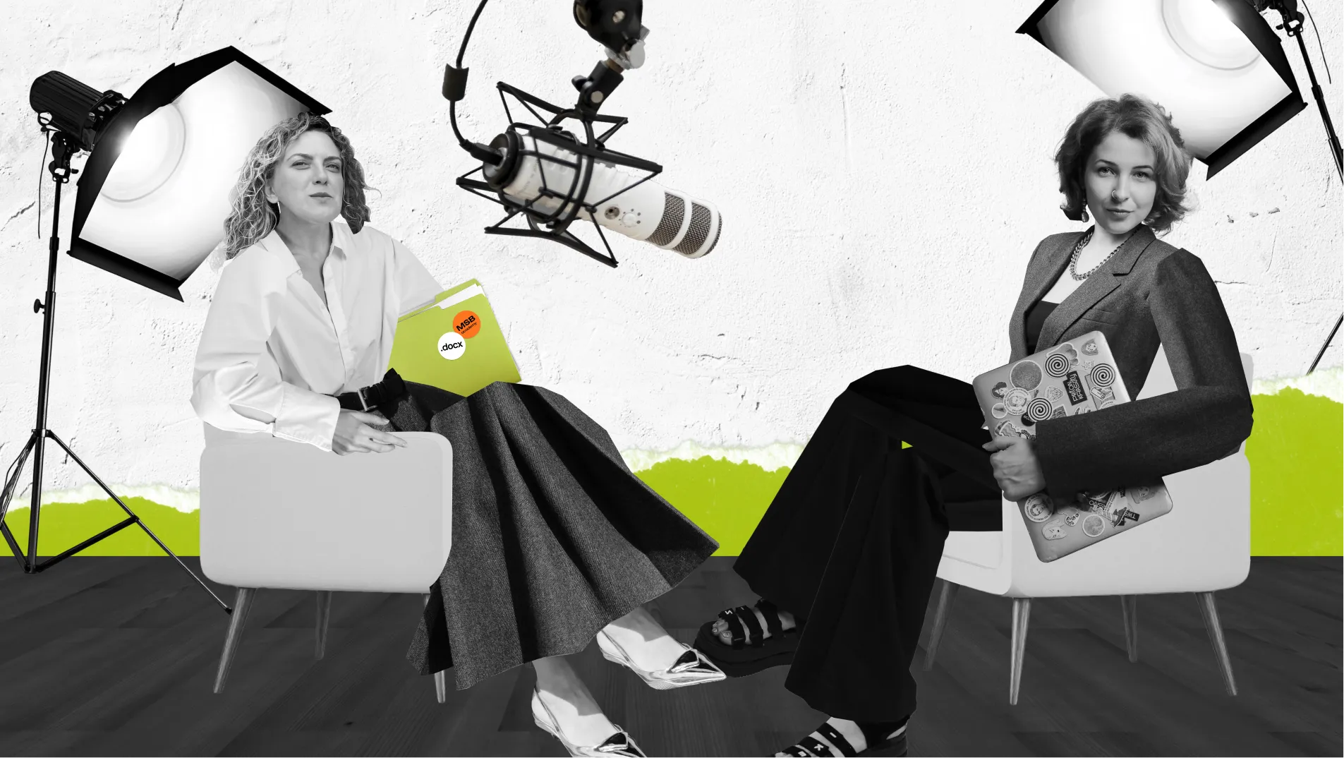 Collage illustration for the Vidkrytyi Rakhunok podcast intro: two hosts in black-and-white cut-out photos sit in armchairs under a podcast microphone and studio lights, against a white wall with a torn lime-green stripe